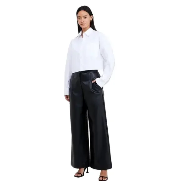 French Connection Wide Leg Trousers Faux Leather Black "Crolenda" Style Size 12 - Picture 1 of 14